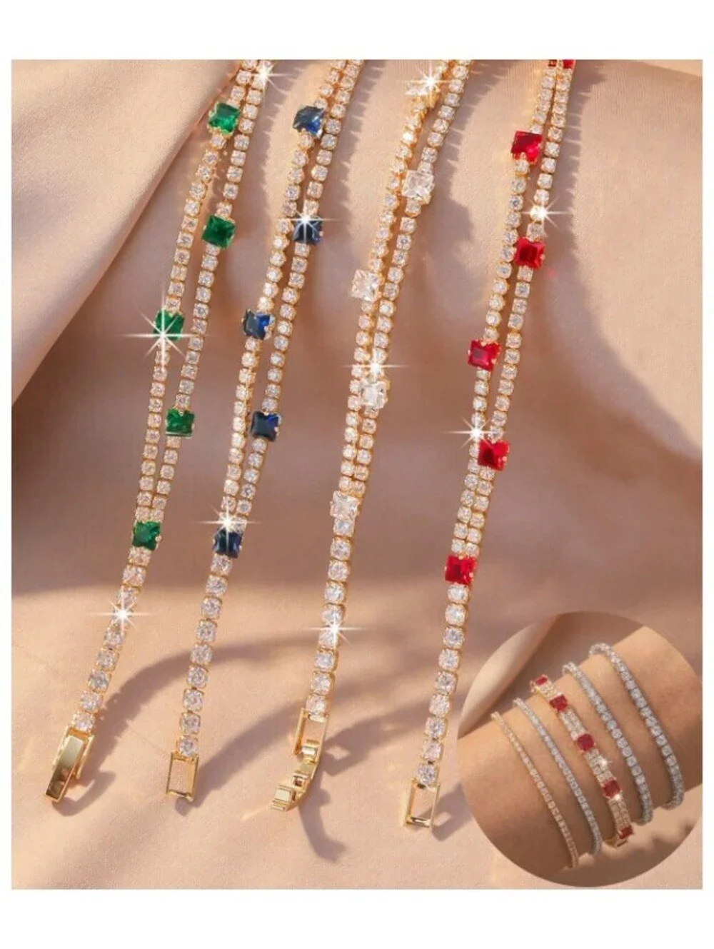 Two row blue and white - Bracelet - Gold - CZs - 7